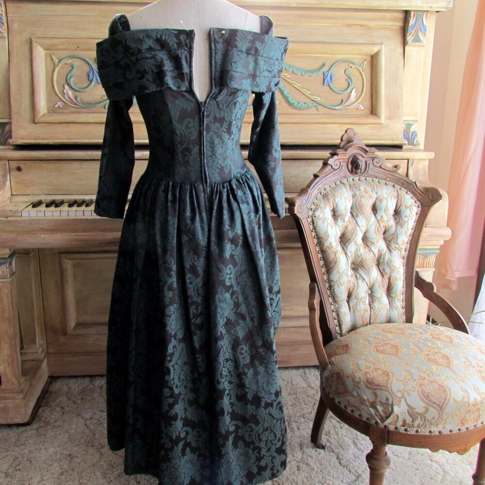 JESSICA McCLINTOCK BROCADE DRESS, 6, DARK GREEN OFF-SHOULDER ROMANTIC VINTAGE - Picture 10 of 13